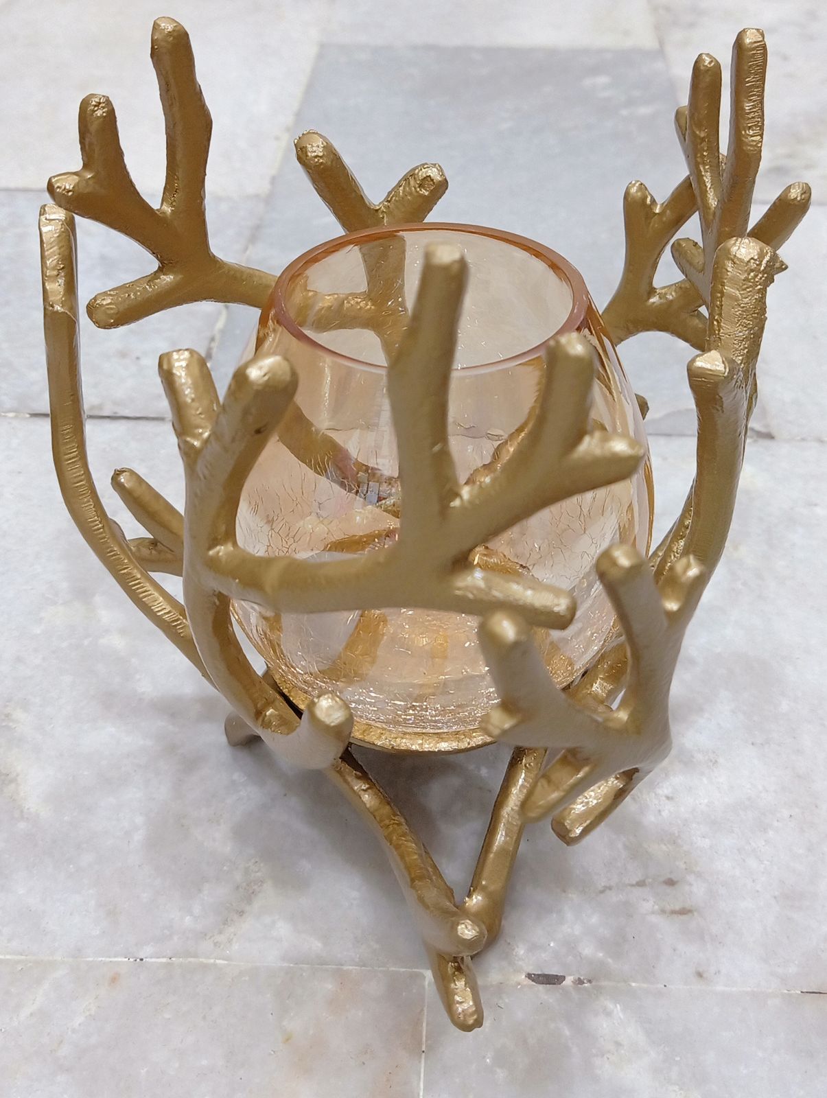 ✨ Golden Antler Branch Candle Holder with Crackled Glass