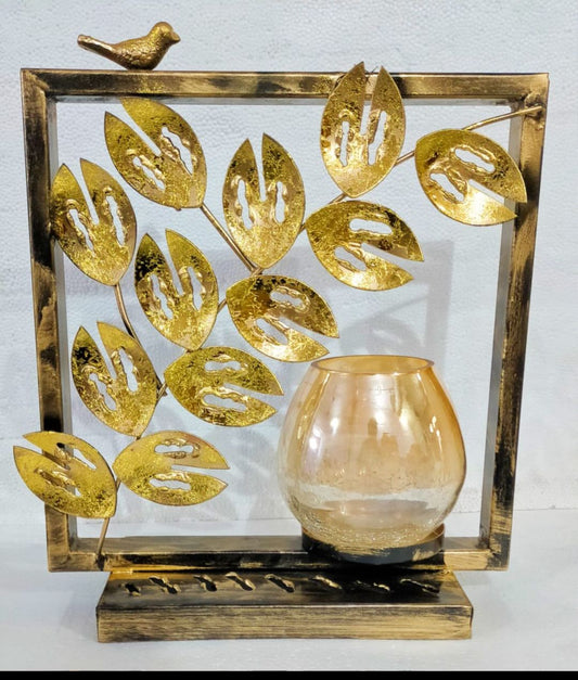 ✨ Designer Golden Leaf Candle Stand with Glass Holder