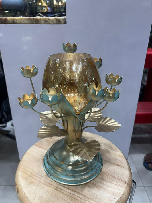 ✨ Designer Lotus Candle Holder with Golden Glass