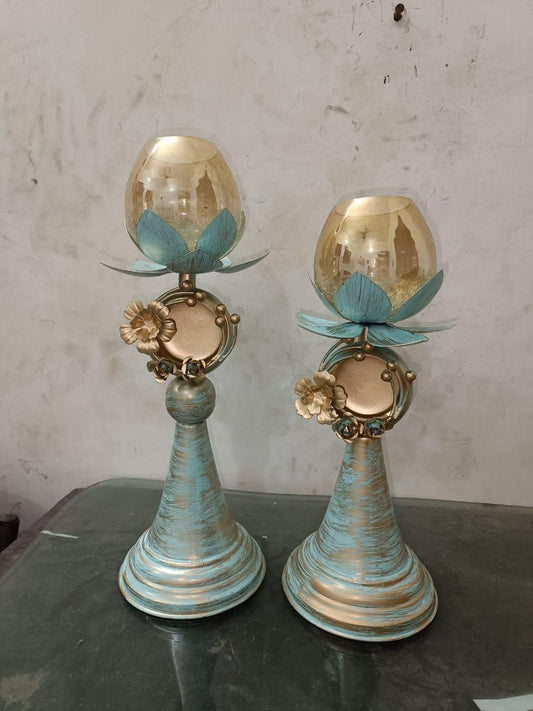 ✨ Twin Lotus Blossom Candle Stands with Golden Glass