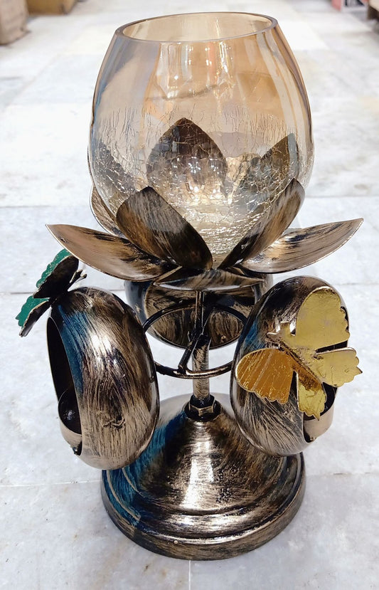 ✨ Lotus Bloom Butterfly Candle Holder with Crackled Glass