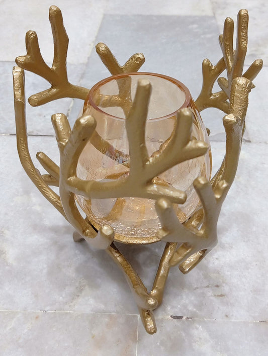 ✨ Golden Antler Branch Candle Holder with Crackled Glass